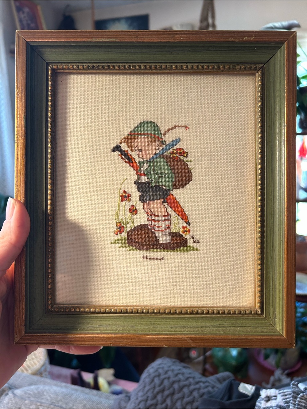 Framed Cross-Stitch Boy with Umbrella - Hummel-Green Accent Home Art